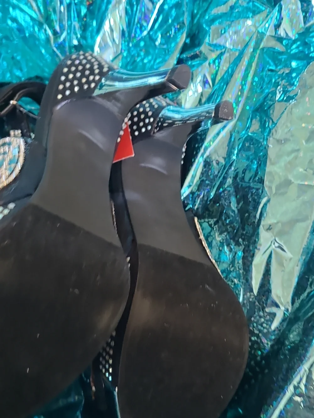 Embellished Black Mirror-Panel High Heel Sandals